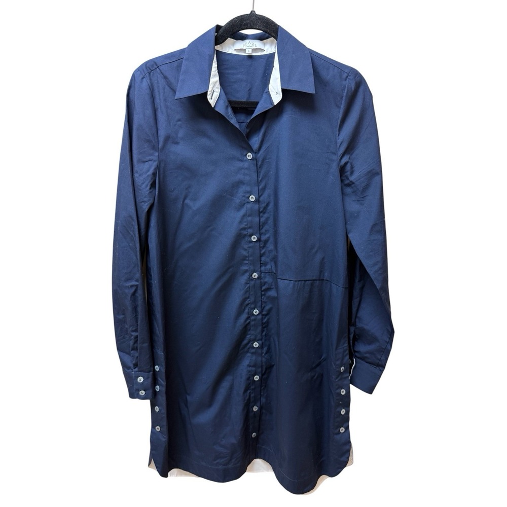 Pearl by Lela Rose Navy Blue Shirt Dress Button Front Cotton Long Sleeve S